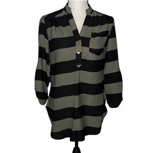 Boutique Wishful Park Green & Black Sheer Striped Blouse Size Small